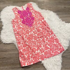Girls Coral Floral Shift Dress with Pink Appliqué